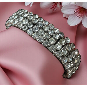 VTG 50s AirFlex 4 Row Prong Rhinestone Expandable Bracelet Silver Tone Fits Most